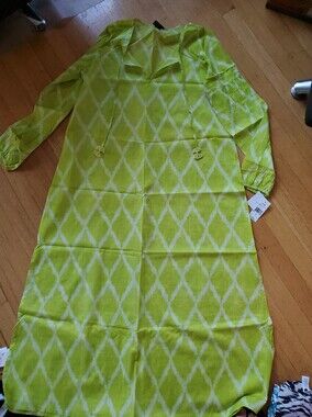 Natori Lime Green and White Ikat Diamond-Print Thin Cotton Caftan